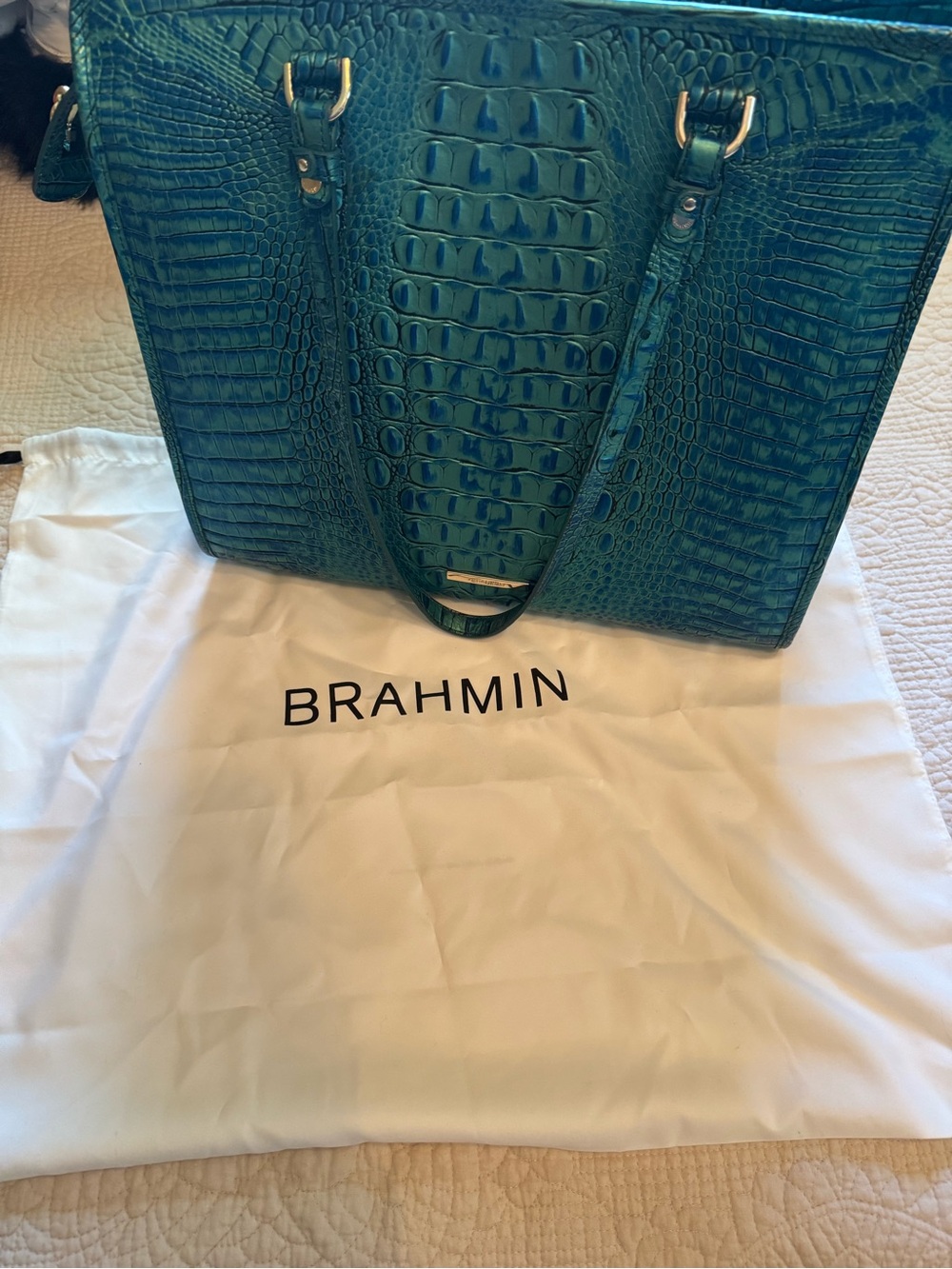 Brahmin Peacock Melbourne Croc-Embossed Leather Large Tote with Gold Hardware